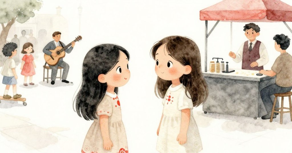 米拉與商販溫暖互動,商販遞回紙飛機,街頭音樂家吹奏木笛,群眾微笑相伴,情感交流動人。