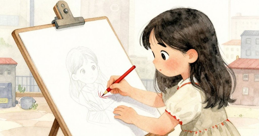 米拉專注於畫板上重新描繪中斷的線條,手部充滿決心,象徵創造與堅韌,背景隱約呈現熱鬧廣場。