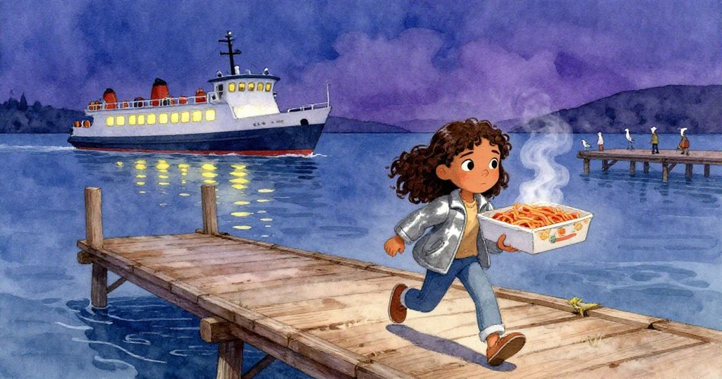 瑪雅急步走在木製碼頭上，手持熱騰騰的義大利麵餐盒，背景中渡輪燈光閃爍，氣氛充滿期待。