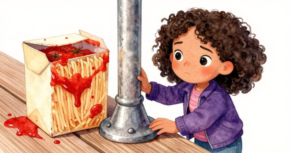 瑪雅的義大利麵盒與冰冷鐵柱形成強烈對比，她專注地抓住鐵柱，手上有濺落的醬汁，細節生動。