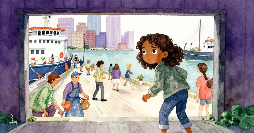 透過倉閣縫隙看見瑪雅轉向擁擠的人群，她神情堅定，碼頭活力四射，充滿都市現代感。