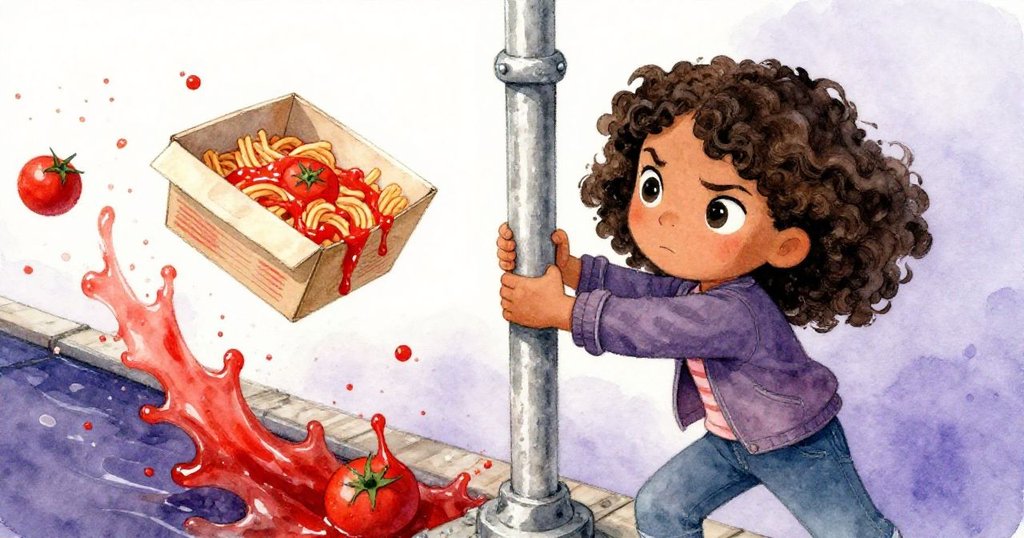 瑪雅在危險的傾斜甲板上緊握冰冷鐵柱，義大利麵盒滑動時醬汁濺飛，臉上寫滿驚訝與緊張。