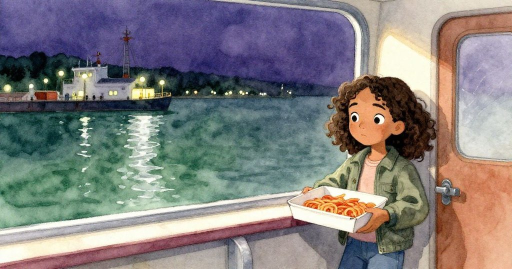 瑪雅終於安全上船，在寧靜的艙內依靠義大利麵餐盒，窗外港口燈光映照水面，夜晚溫暖安詳。