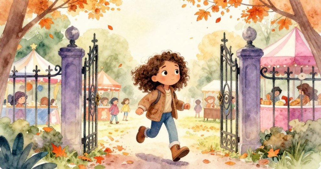 米拉穿過公園鐵門進入,秋日落葉飄舞,臉上流露期待與喜悅,在明亮陽光中邁開腳步