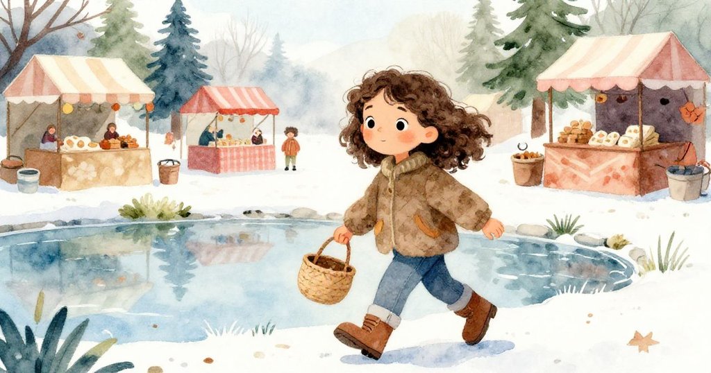 米拉沿著池邊悠閒行走,市集攤位鮮豔,袋子隨步伐輕輕起伏,空氣中彌漫著蘋果與香料氣息