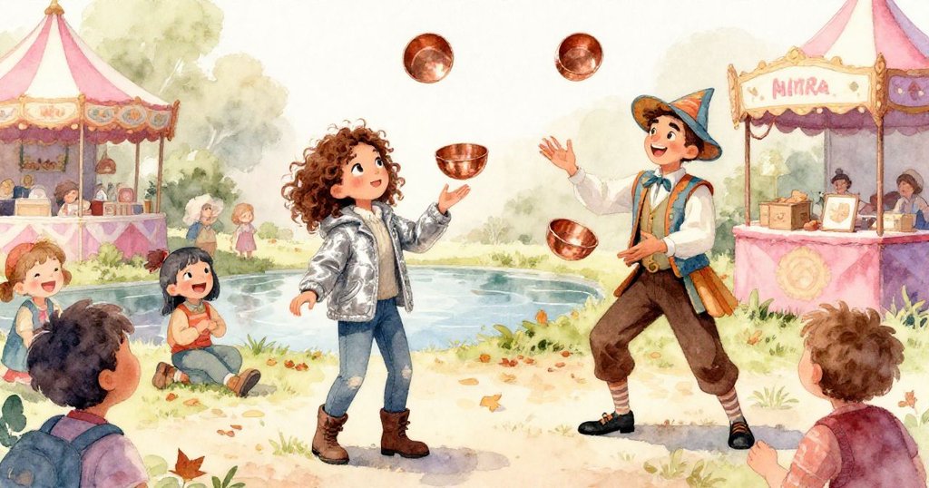 池邊熱鬧中,小丑般的雜耍者拋起銅碗吸引觀眾,孩子們嬉戲追逐,米拉在遠處觀察,場面充滿活力