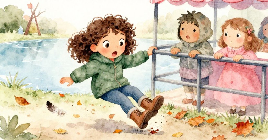 米拉在秋葉與羽毛紛飛中失足,急忙抓住欄杆,眼神驚訝,背景展現公園市集的溫柔氛圍