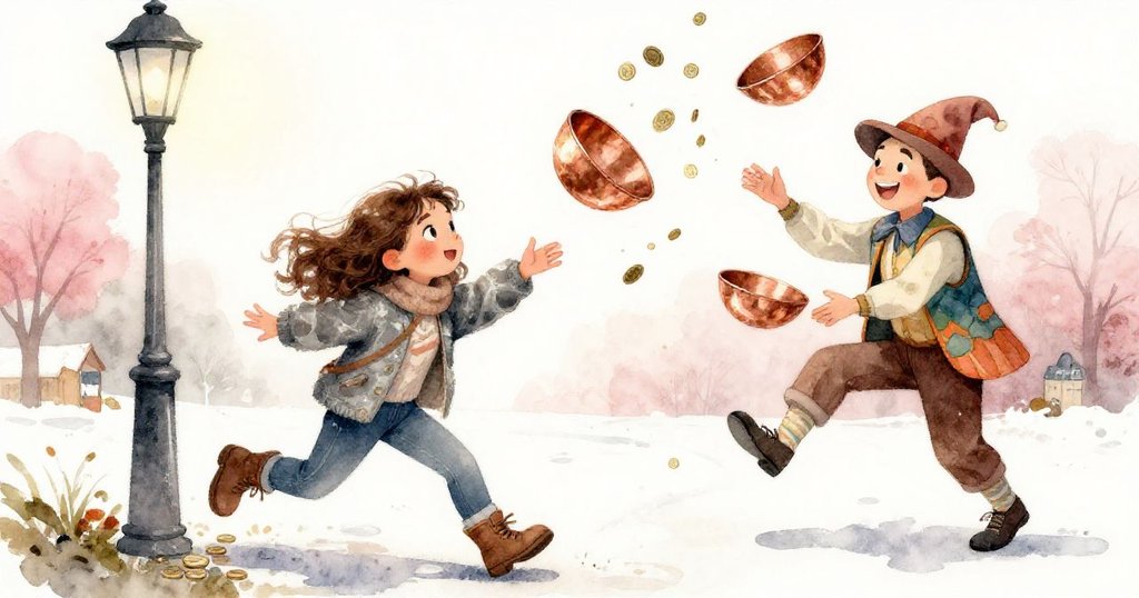 銅碗隨風飛舞撞上燈柱,米拉迅速出手接住,同時硬幣四散飛揚,現場充滿戲劇性與活力