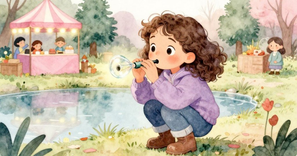 米拉在池邊蹲下,細心拿起玻璃口哨並放銅幣,背景市集燈光柔和,臉上展現平靜釋然之情