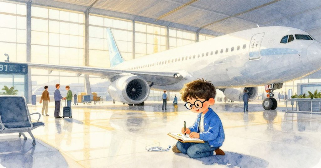 Elias坐於玻璃牆邊的機場大廳中，拉鋼筆作畫，背景呈現金色光影與飛機動態，表情專注。