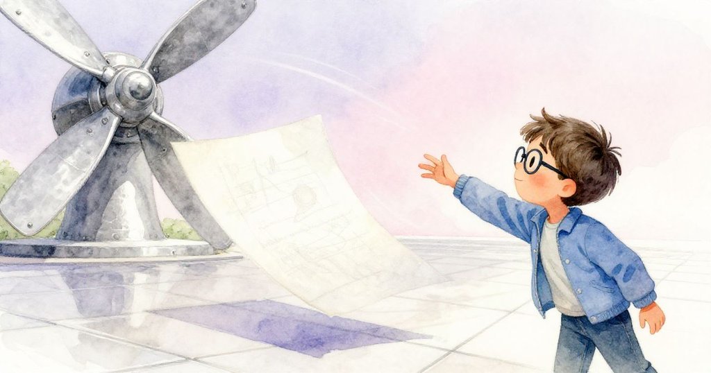 Elias伸手追尋隨風飛舞的畫頁，畫本細節在金光中顯現，後景有舊螺旋槳雕塑，表情驚喜。