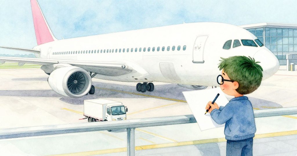 Elias背影專注地描繪巨大飛機，透視窗映出機廳光影，旁有小服務車點綴，展現動態互動。