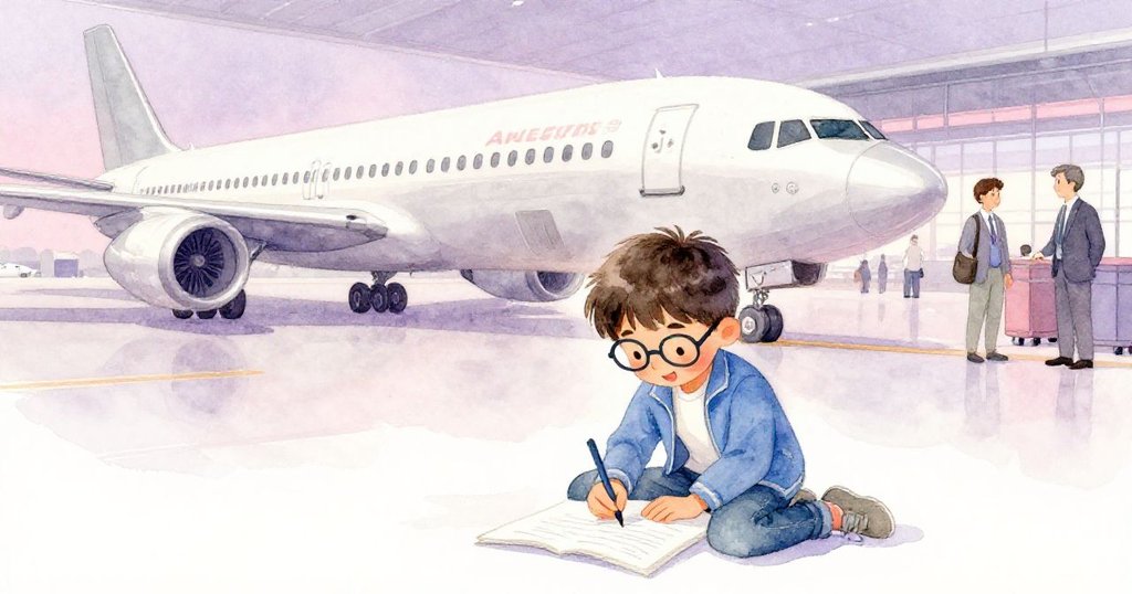 在柔和紫色懷舊調中，Elias凝視畫本，背景融入飛機與地勤人員，呈現記憶與現實交織情感。