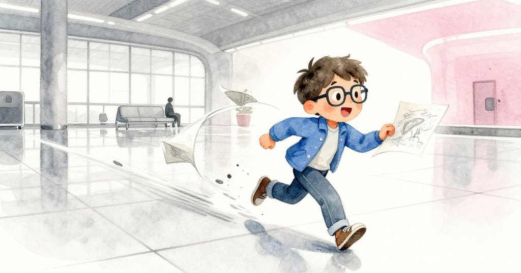 Elias急速追逐飄動的畫頁，動態軌跡在機場地板上描繪出快樂活力，表情充滿期待。