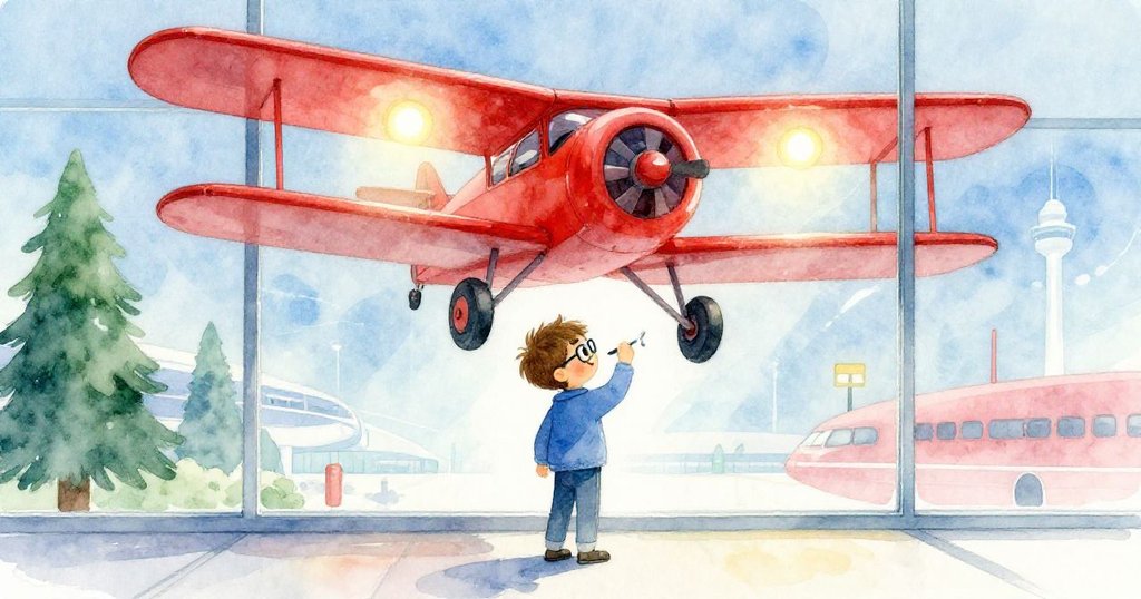 在冰藍光影與銳利雙燈下，Elias靜心描繪紅色復古飛機，玻璃牆映照著創作夢想，情感深遠。