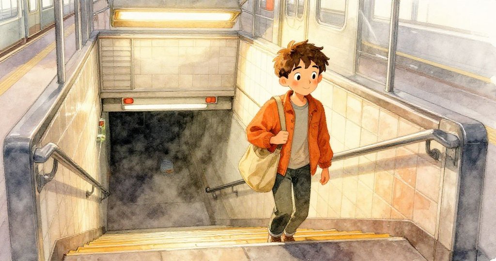 米洛走下鋪著瓷磚的階梯，晨光透過金屬百葉窗灑下，展現出溫暖氛圍與他堅定好奇的表情