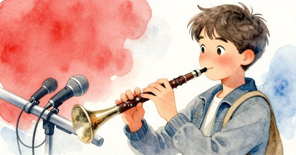 米洛專注地操作錄音機和麥克風，細緻展現他靈巧的手勢與平台金屬質感，充滿創造力的情緒