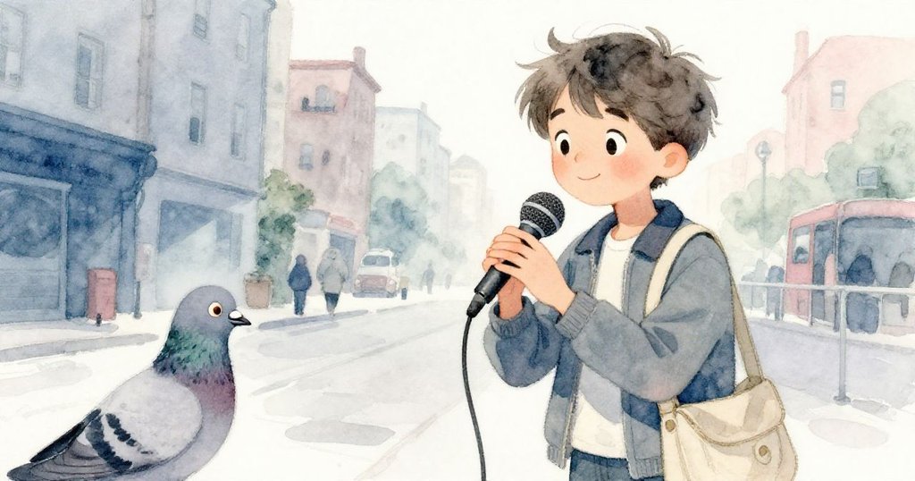 米洛調整麥克風時，一隻好奇的鴿子站在月台欄杆上觀察，展現出都市中靜謐與活力並存的情境