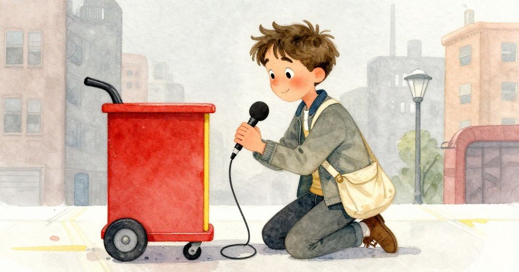 米洛跪在月台上急忙修復因服務車碰撞而下垂的麥克風，背景中呈現出忙碌與活力的都市轉瞬即逝的景象