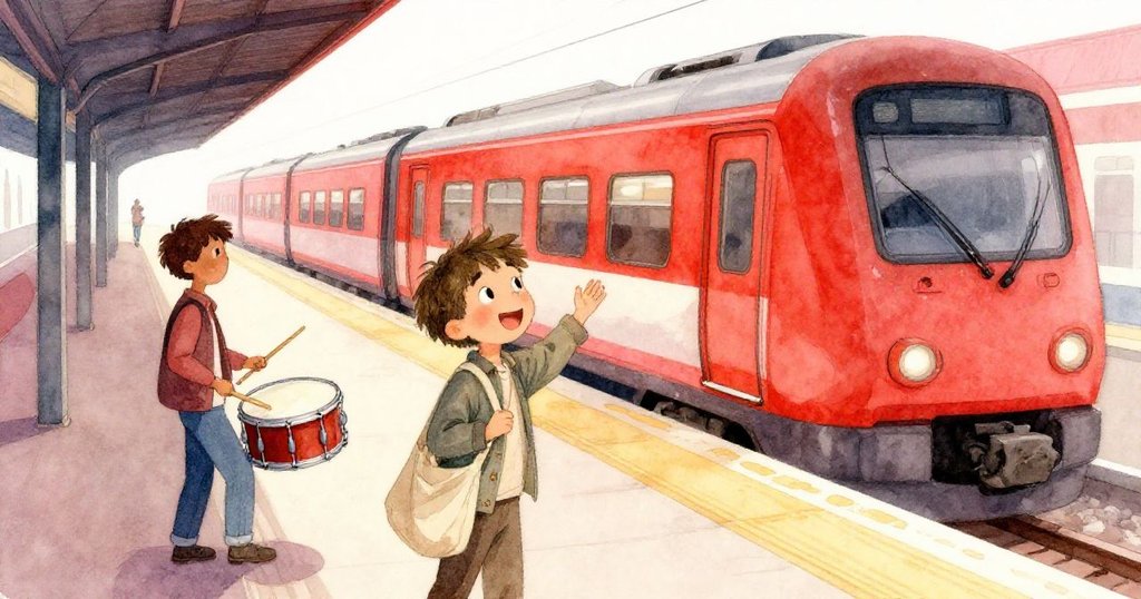 米洛在急駛的列車轟鳴中驚喜地敲擊著腳，對面街頭鼓手同步擊鼓，呈現出都市中即興歡慶的場景