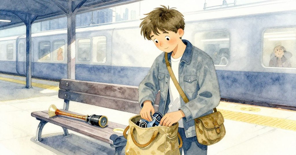 米洛整理錄音設備裝入帆布包，回望空蕩的月台長椅與紅色錄音機數字，象徵著創作過後的寧靜與反思