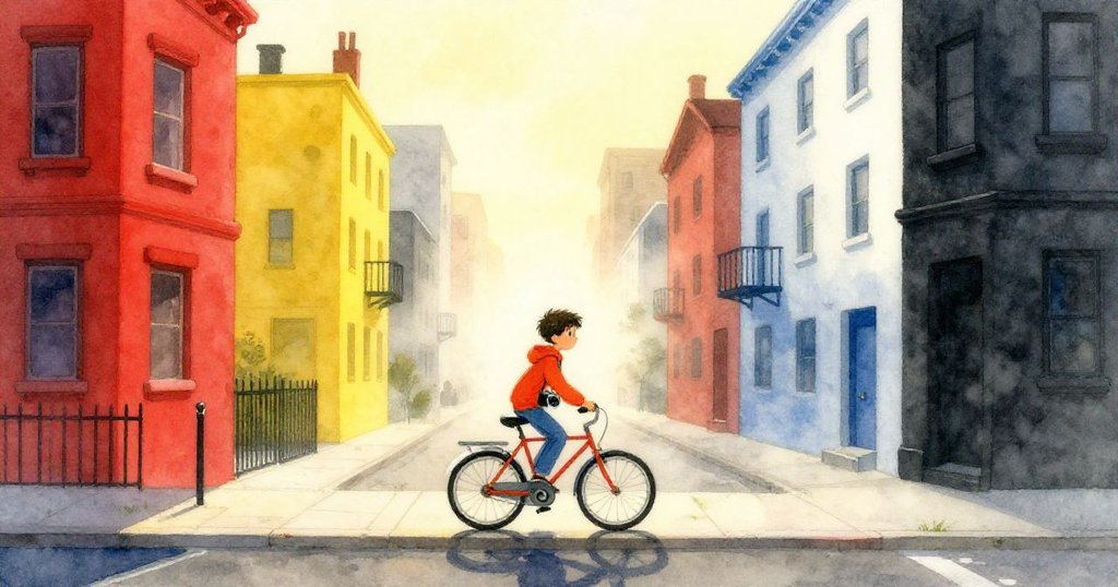 Sam騎在晨霧中平衡自行車，胸掛攝影機，Brook Street外的建築隱約浮現，表情充滿期待與專注。