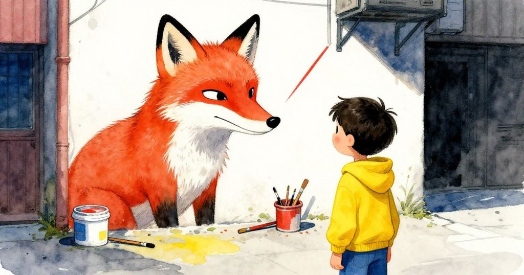 Sam從肩後望向牆面舊狐狸壁畫，鮮紅斜線獨特危立，新舊漆痕交錯背景，畫面充滿回憶與珍惜。