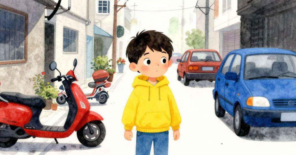 Sam騎車穿梭狹窄巷弄，近旁停著滑板車與城市元素，畫面活潑展現都市冒險精神與靈動身影。