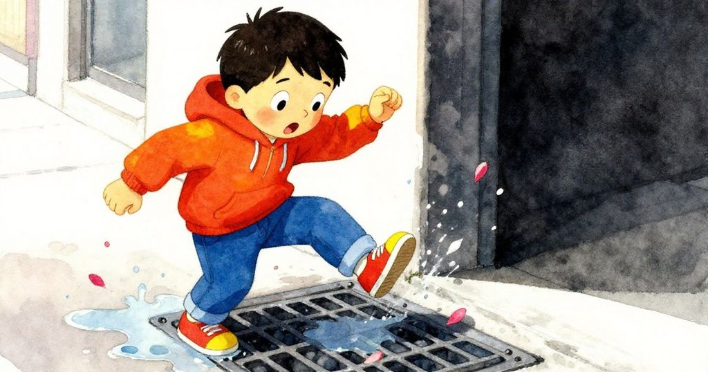 Sam在城市街道上腳部滑入水坑，濺起花瓣飛舞，臉上驚訝中卻堅定表現出面對挑戰的勇氣。