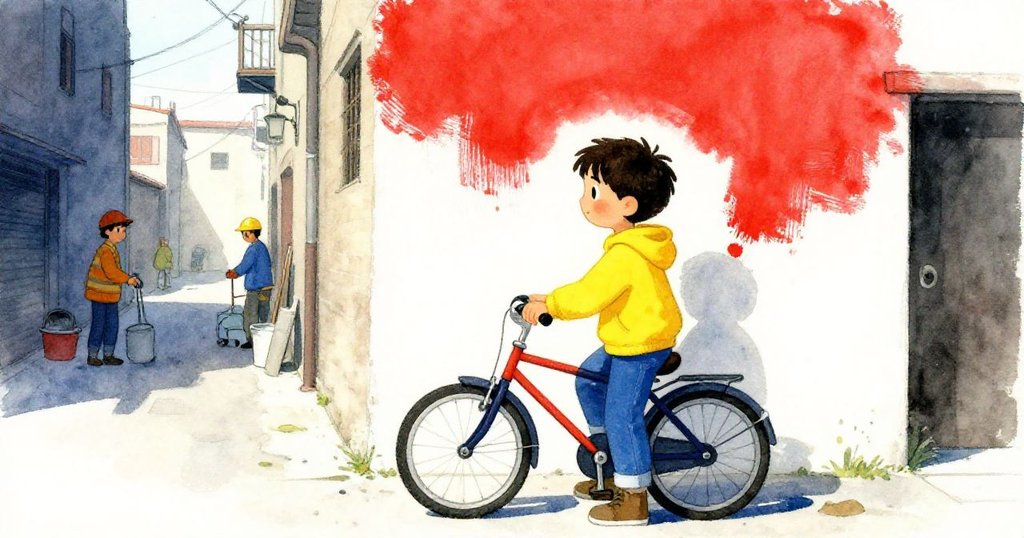 Sam站在自行車旁，目送工作人員離去，牆上鮮紅痕跡映入眼簾，充滿告別感慨與成就回憶。