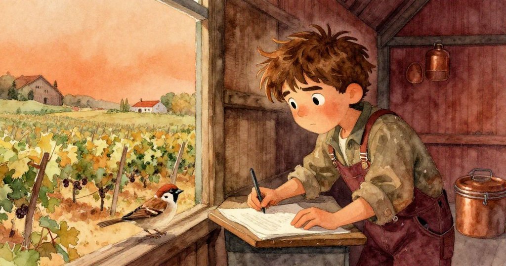 米洛在黎明觀景桌前凝視葡萄園邊界,旁邊有小麻雀在窗台活跳,臉上展現專注與堅定,整體氛圍溫暖而神秘。