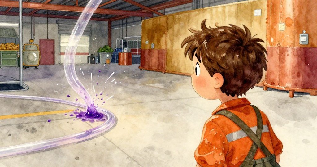 米洛從身後看見透明管線扭曲釋出紫色液體,液滴在地上形成明亮弧線,他眼中充滿驚訝與急促,背景呈現工業細節。