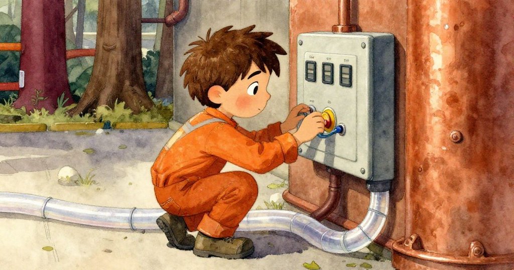 米洛在工業倉庫內蹲下,專注調整扭曲的管線並操作控制面板,臉上洋溢著決心與專注,環境呈現溫暖金屬光澤。