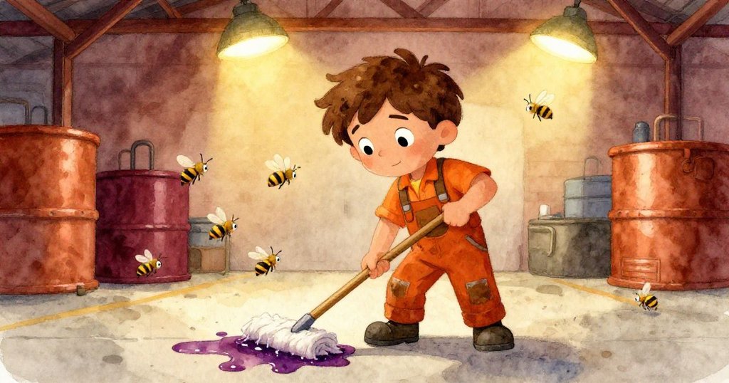 米洛在明亮倉庫內用拖把清理地板上殘留的紫色液體,周圍蜜蜂輕舞飛揚,他臉上露出放鬆與專注的神色,場景充滿溫馨氣息。