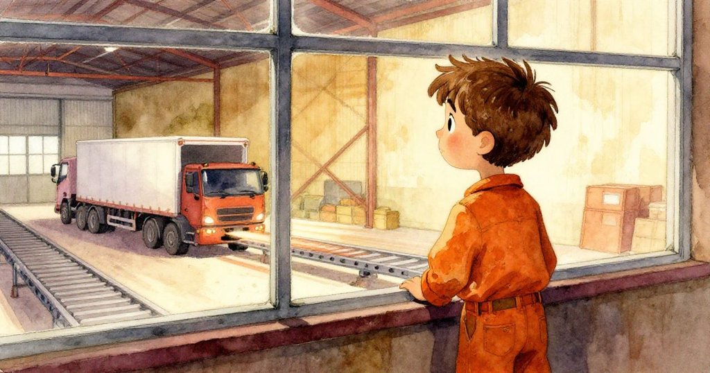 米洛在倉庫巨窗前沉思,凝望著外面重新運轉的輸送帶和倒車的貨車,臉上流露平靜與反思,整體氛圍溫暖神秘。