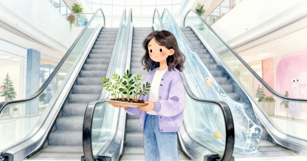 Mila 穩步邁入河畔塔大廳,手持小香草托盤,背景玻璃牆與無盡扶梯交織,心情寧靜。