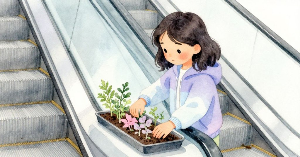 Mila 輕觸扶梯上帶痕跡的土壤與香草托盤,專注守護每顆小種子,展現細膩時間流逝。