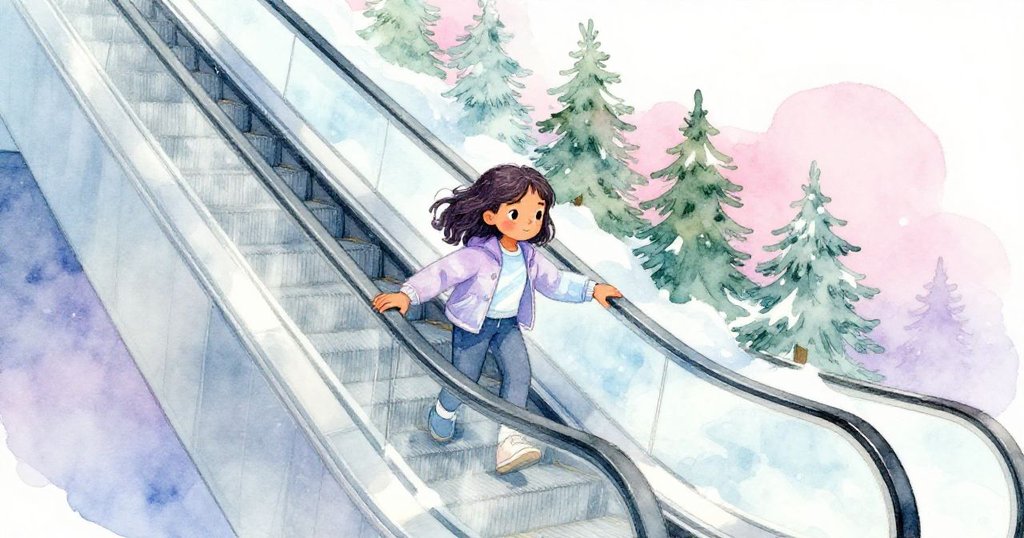 Mila 在冰凍扶梯上艱難攀爬,低角度突出她堅定臉龐與逐級挑戰的動作。