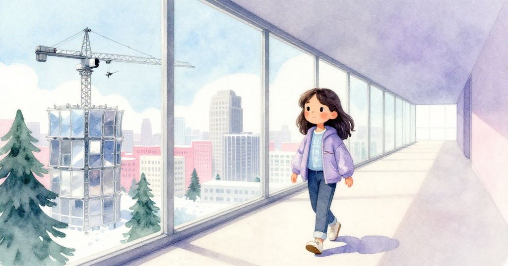 Mila 漫步過全景窗走廊,望向晨光中起重機與無人機掠過,感受時間與城市流轉。