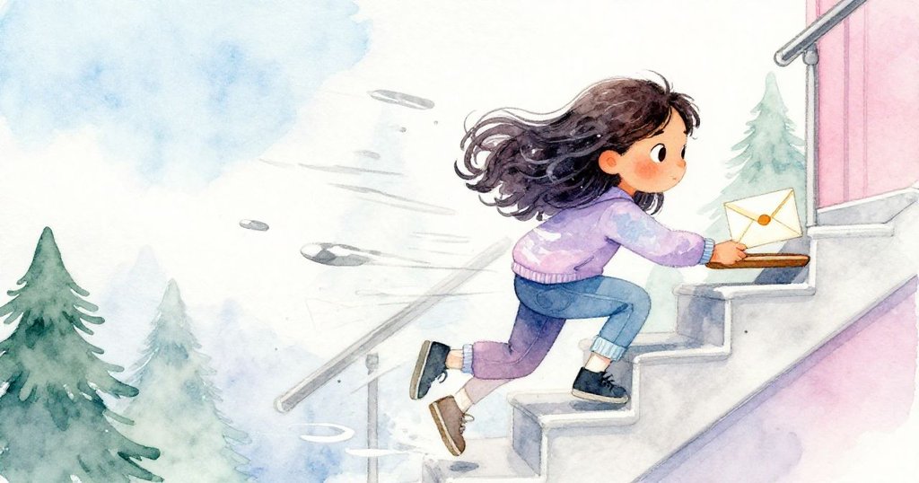 Mila 迅速俯身按住飄移信件,穩住搖晃托盤,背景有風及階梯光影,動作緊湊又專注。