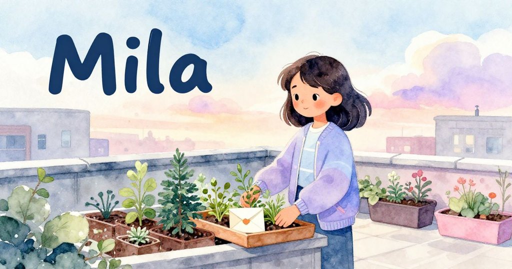Mila 在屋頂花園中整頓香草托盤與信件,暖陽灑落花箱間,展現滿足與寧靜的結局。