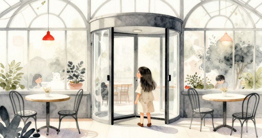 Celia步入玻璃咖啡館，光影斑駁映照現代都市風情，臉上帶著期待與溫暖笑容。