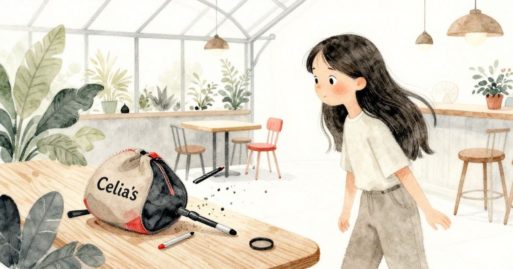 Celia蹲下撿筆，包包不慎掉落於咖啡館內，動作自然流露出一絲慌張與專注。