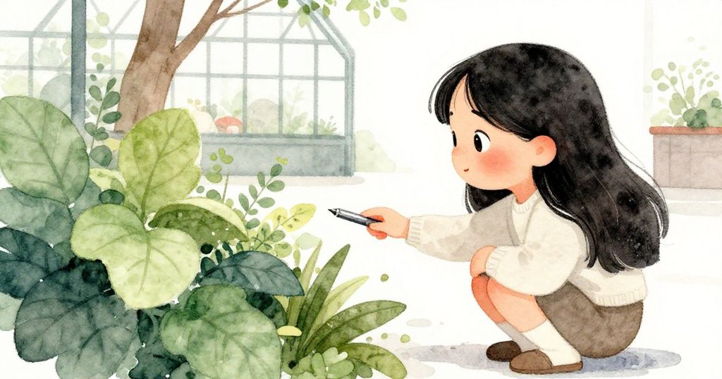 從背後看Celia在綠葉旁搜尋筆尖，動作細膩專注，環境散發溫暖與現代都市風情。