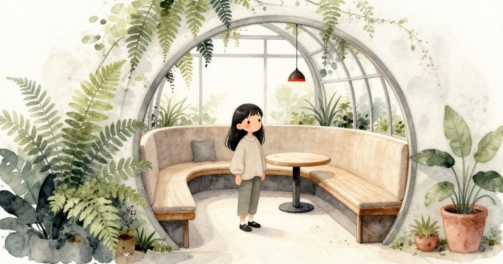 Celia探索隱蔽小徑，來到充滿綠意的木製長凳旁，臉上展露出驚喜與寧靜的情感。