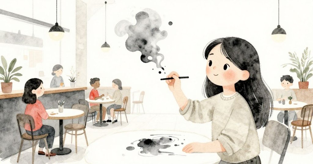 Celia輕晃素描本，墨跡隨霧散開，她專注描繪變幻美景，臉上充滿創意與希望。