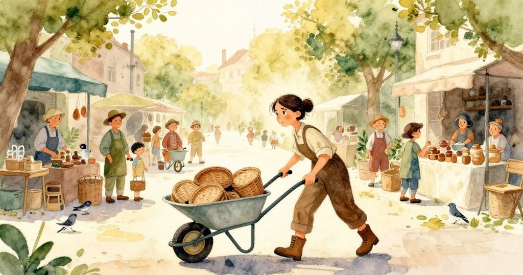 馬拉推著手推車在清晨運貨，擁擠的運輸、攤販與雀鳥環繞，臉上帶著堅定與忙碌的情緒，場景充滿活力。