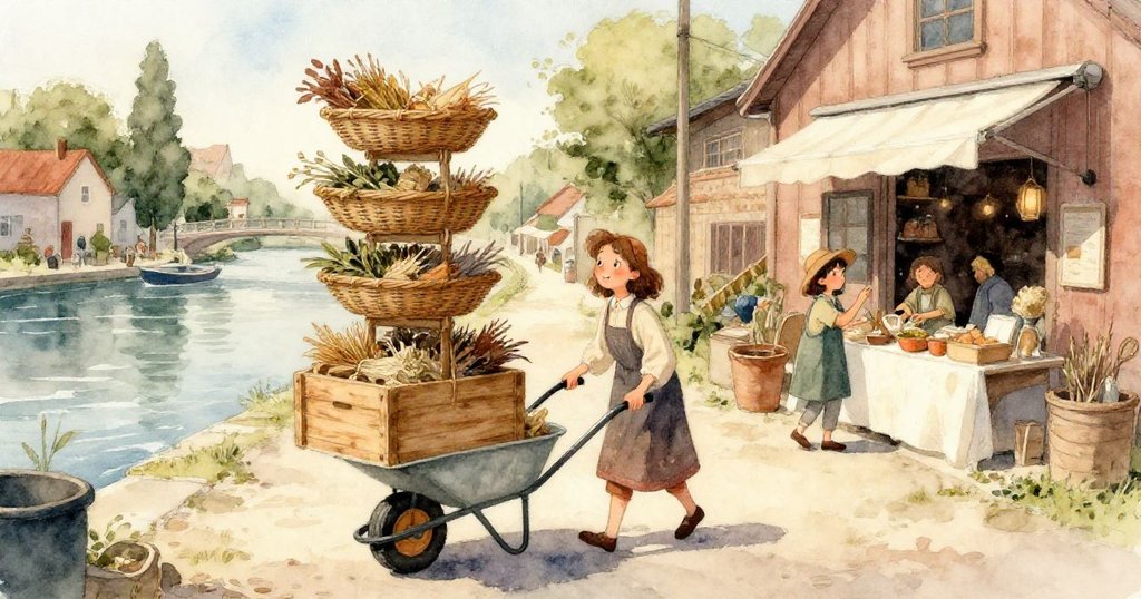 馬拉專注的眼神和細膩的手勢展現她調整籃子，清晨光線映襯著她的堅定與細緻動作。