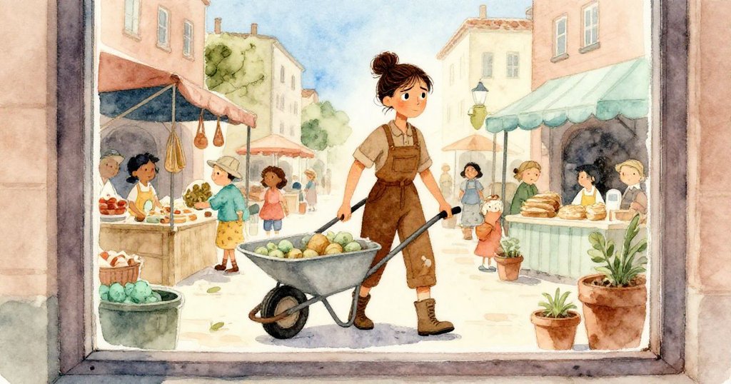 透過古老店鋪的玻璃，看見馬拉推著手推車走過熱鬧市場，街道與店內溫暖光影交織，充滿生活氣息。