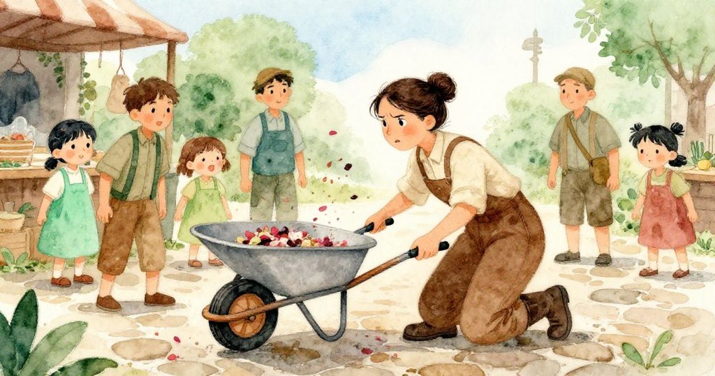 在攤販旁，馬拉緊急蹲下收拾散落在濕亮石板上的花瓣，驚訝神情與周遭人群的急速反應彰顯當下緊張氛圍。